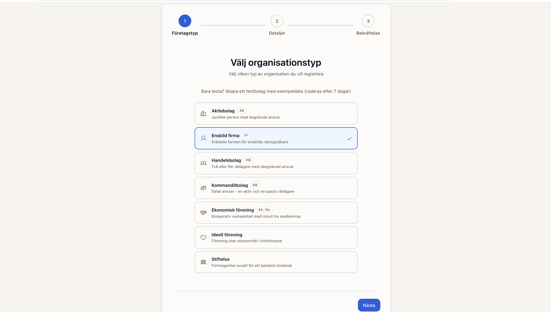 Ziffer, registrera bolag: steget Företagstyp med Enskild firma vald